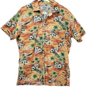 Culinary Classics Mens Hawaiian Shirt Orange Tropical Sunset Palm Tree Cotton 16